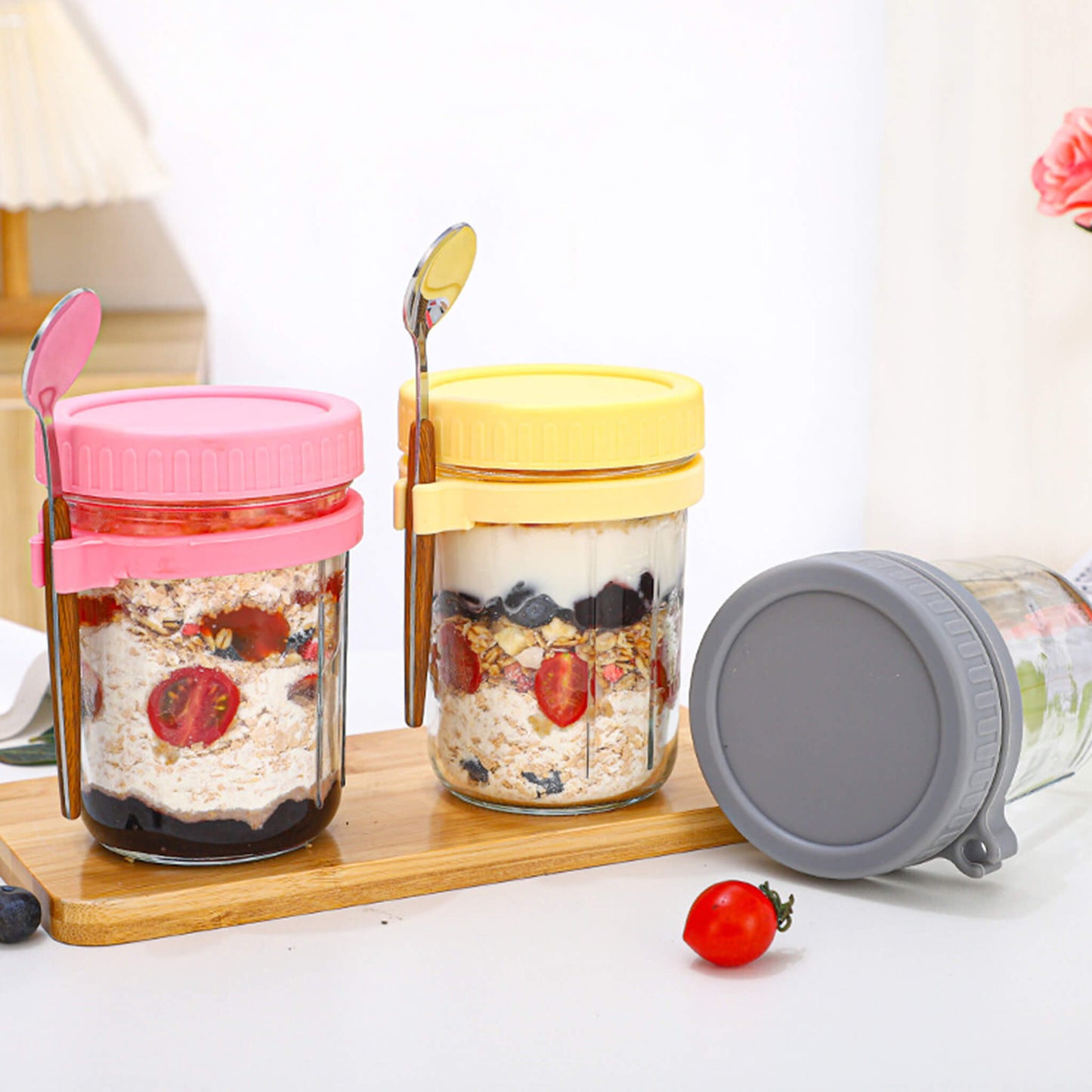 Overnight Airtight Oats Cup Glass with Lid And Spoon