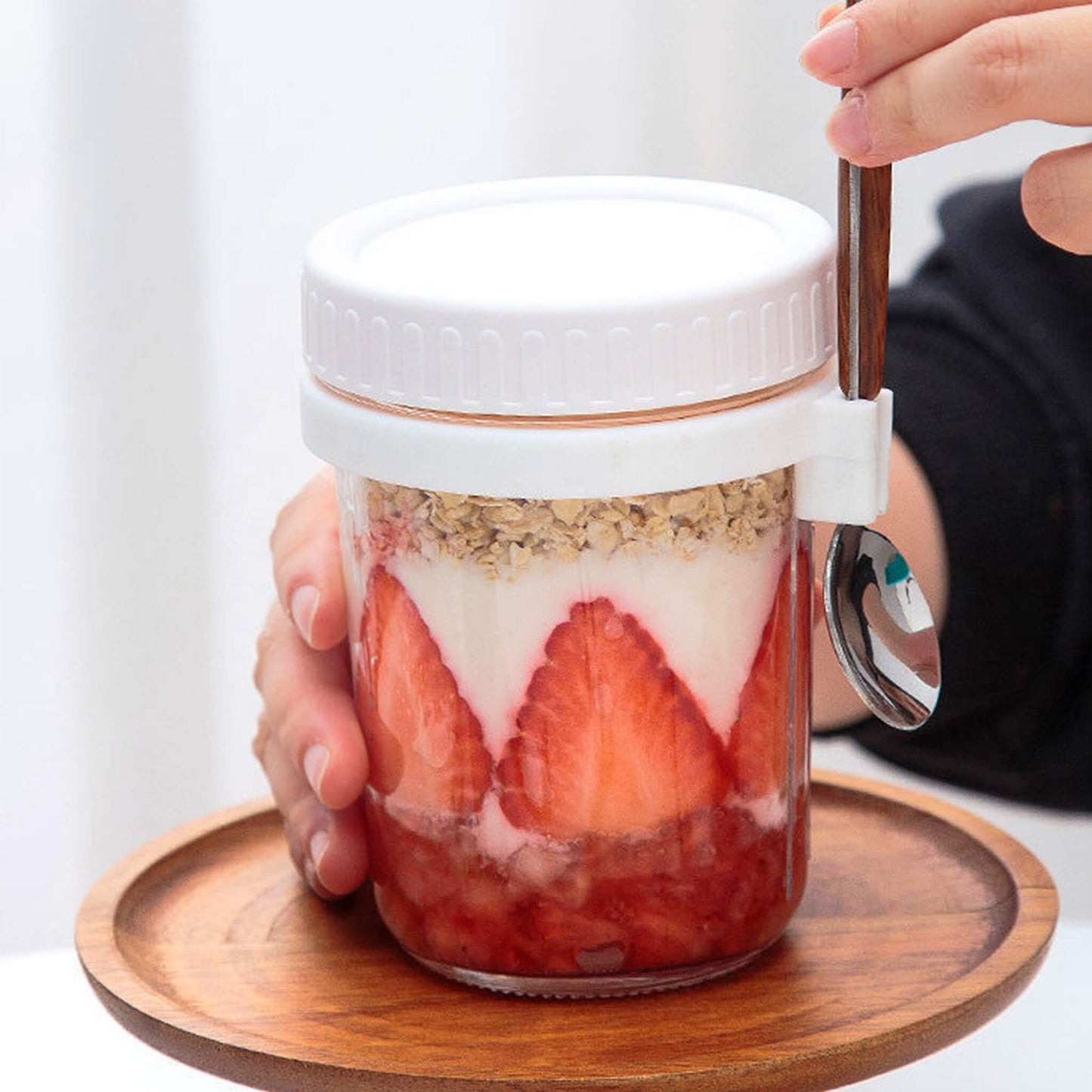Overnight Airtight Oats Cup Glass with Lid And Spoon
