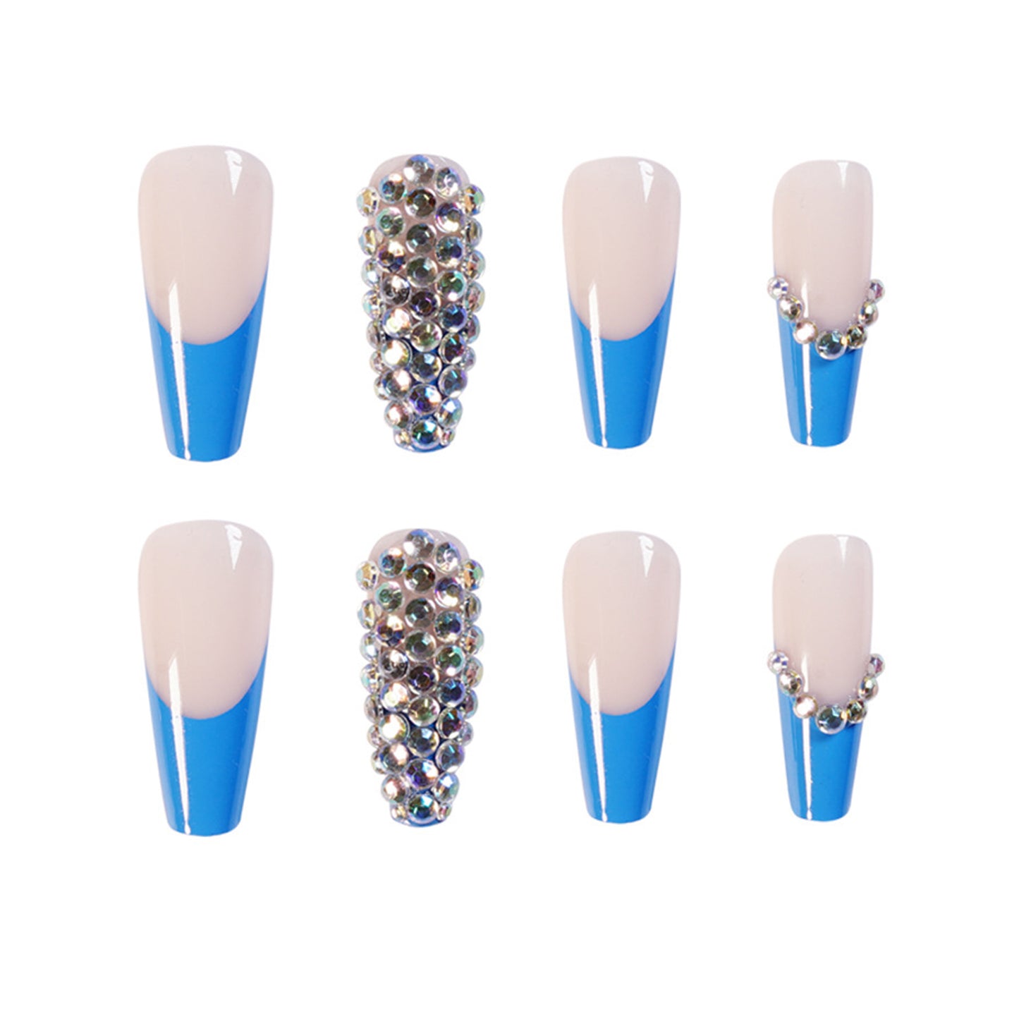 Luxurious Blue Full Diamond Long Press-on Nails