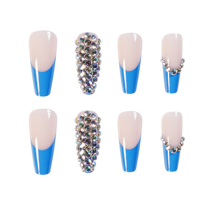 Luxurious Blue Full Diamond Long Press-on Nails