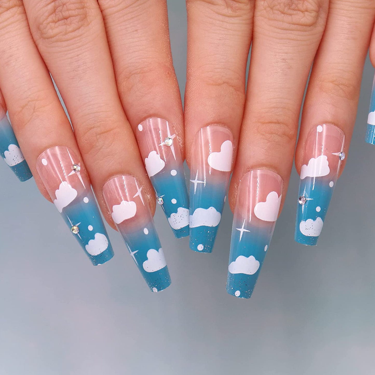 Glossy Blue Sky Clouds Long Ballet Press-on Nails