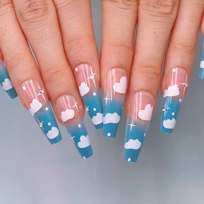 Glossy Blue Sky Clouds Long Ballet Press-on Nails