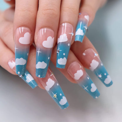 Glossy Blue Sky Clouds Long Ballet Press-on Nails