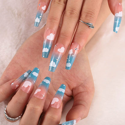 Glossy Blue Sky Clouds Long Ballet Press-on Nails