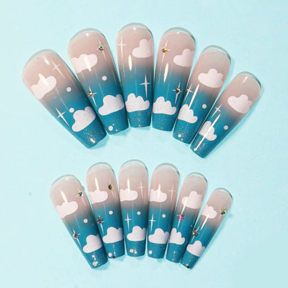 Glossy Blue Sky Clouds Long Ballet Press-on Nails