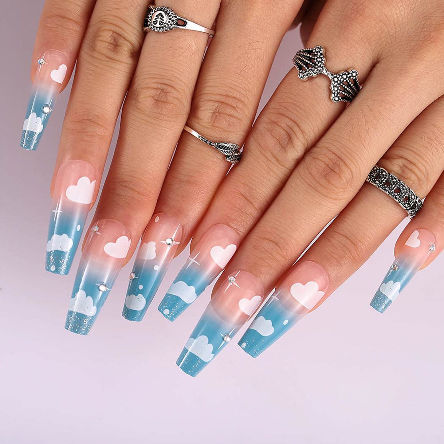 Glossy Blue Sky Clouds Long Ballet Press-on Nails