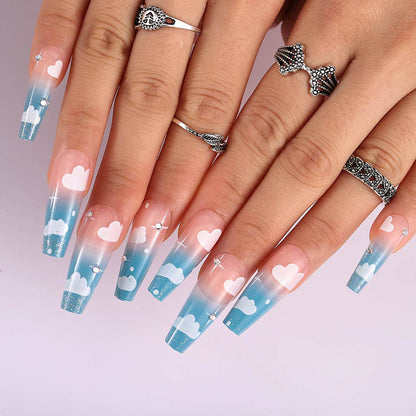 Glossy Blue Sky Clouds Long Ballet Press-on Nails