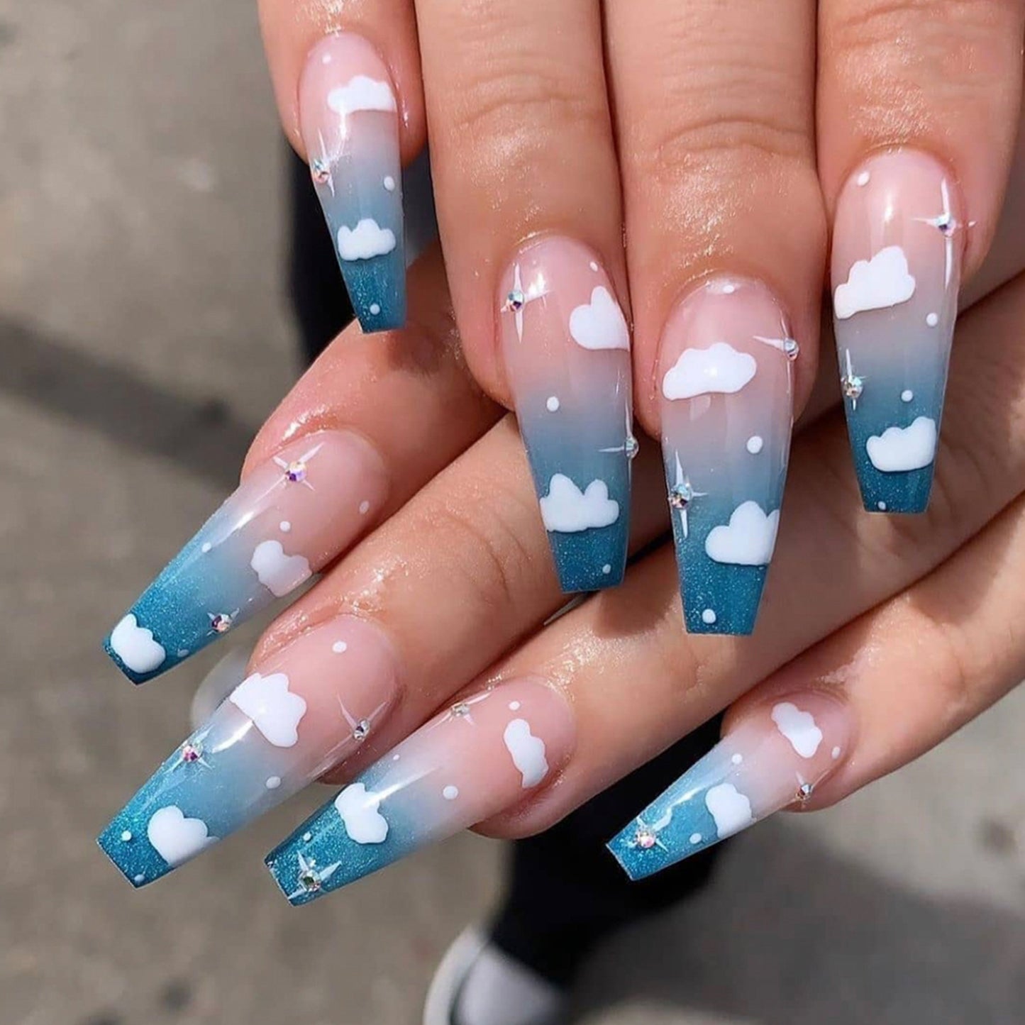 Glossy Blue Sky Clouds Long Ballet Press-on Nails