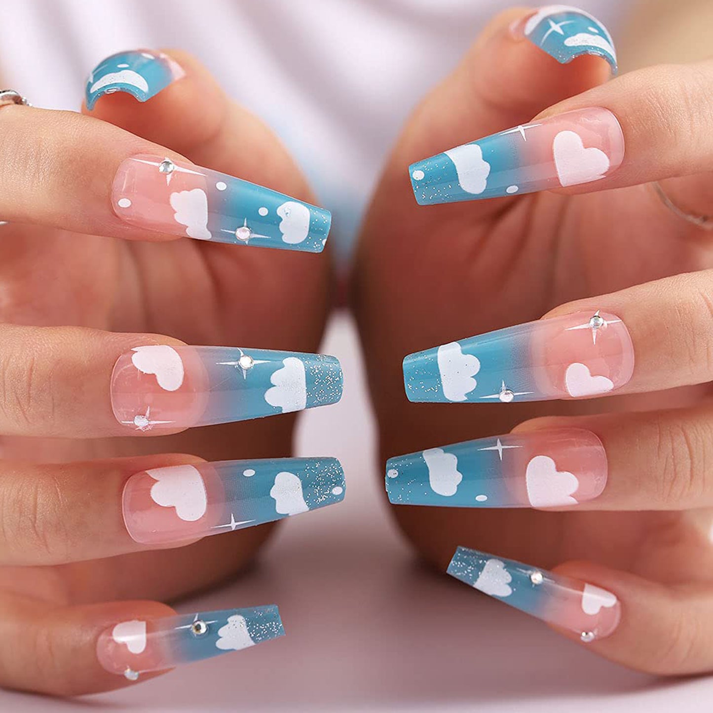 Glossy Blue Sky Clouds Long Ballet Press-on Nails