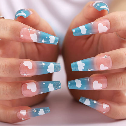 Glossy Blue Sky Clouds Long Ballet Press-on Nails
