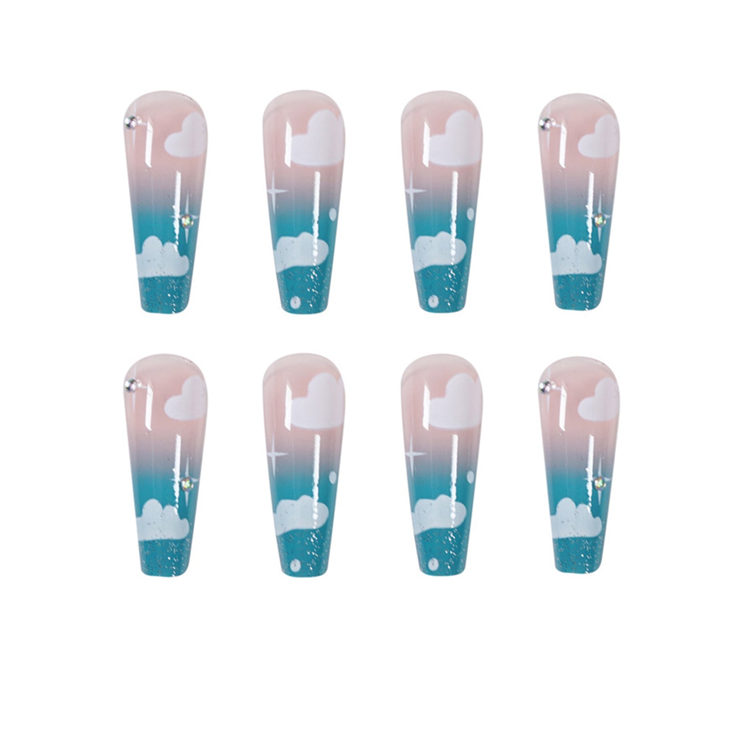 Glossy Blue Sky Clouds Long Ballet Press-on Nails