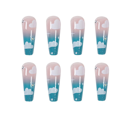 Glossy Blue Sky Clouds Long Ballet Press-on Nails