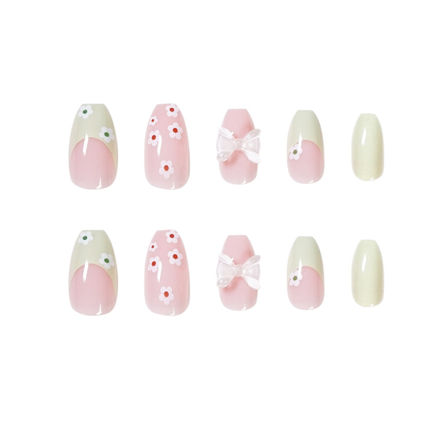 French Green Pink Flower Medium Press-on Nails