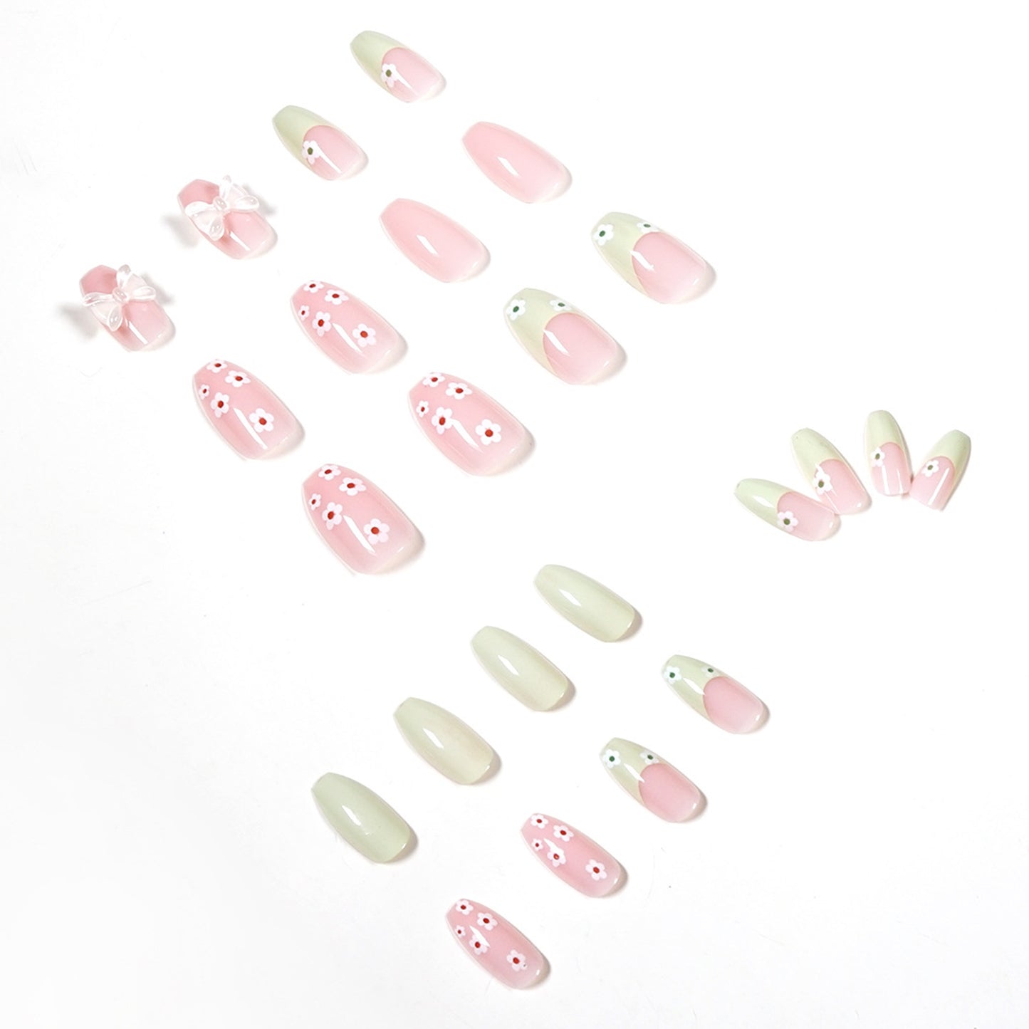 French Green Pink Flower Medium Press-on Nails