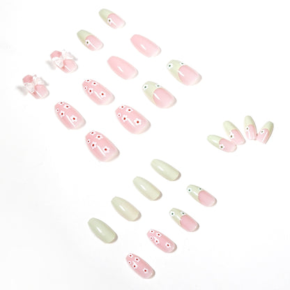 French Green Pink Flower Medium Press-on Nails