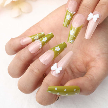 Glossy Green Long Ballerina Press on Nails