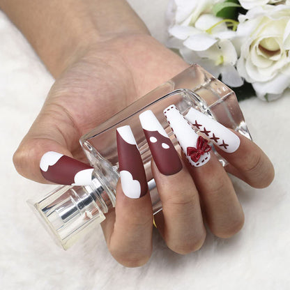 Matte Red and White Long Ballerina Press-on Nails