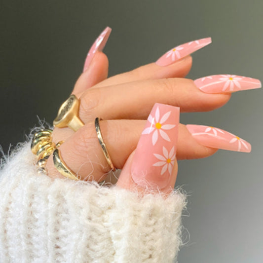 Daisy Pink Medium Square Press-On Nails 24 Pcs