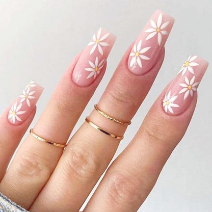 Daisy Pink Medium Square Press-On Nails 24 Pcs