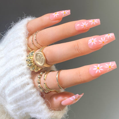 Daisy Pink Medium Square Press-On Nails 24 Pcs