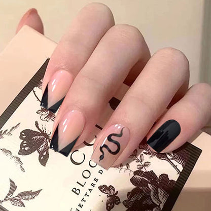 Snake Black Medium Square Press-On Nails 24 Pcs
