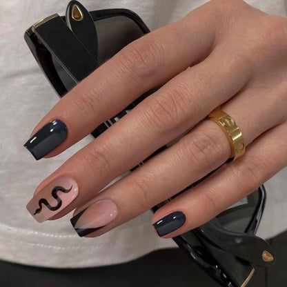Snake Black Medium Square Press-On Nails 24 Pcs