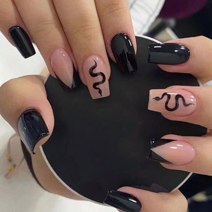 Snake Black Medium Square Press-On Nails 24 Pcs