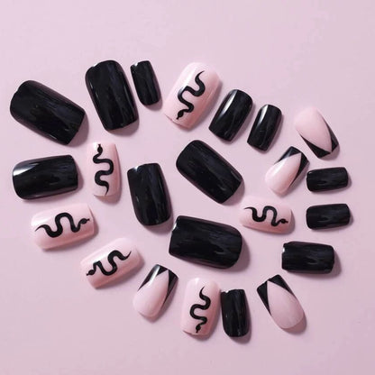 Snake Black Medium Square Press-On Nails 24 Pcs