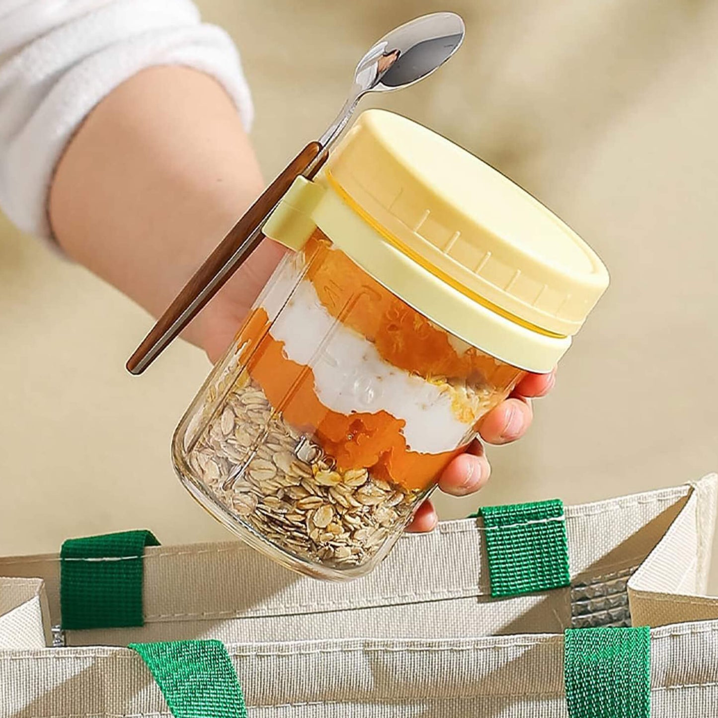 Overnight Airtight Oats Cup Glass with Lid And Spoon