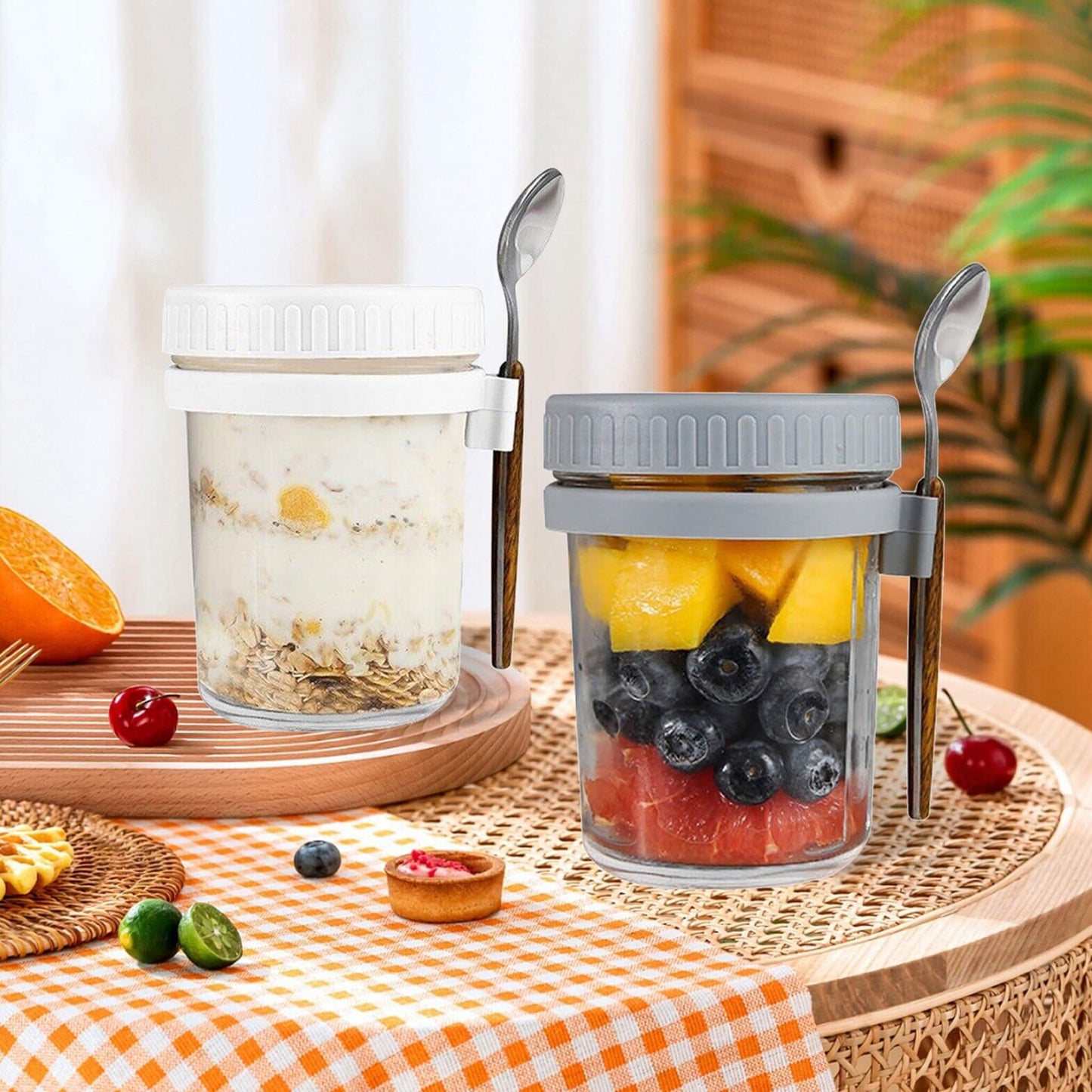 Overnight Airtight Oats Cup Glass with Lid And Spoon