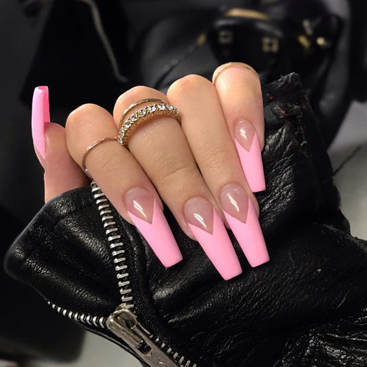 Elegant Pink French V Shape Long Press-on Nails