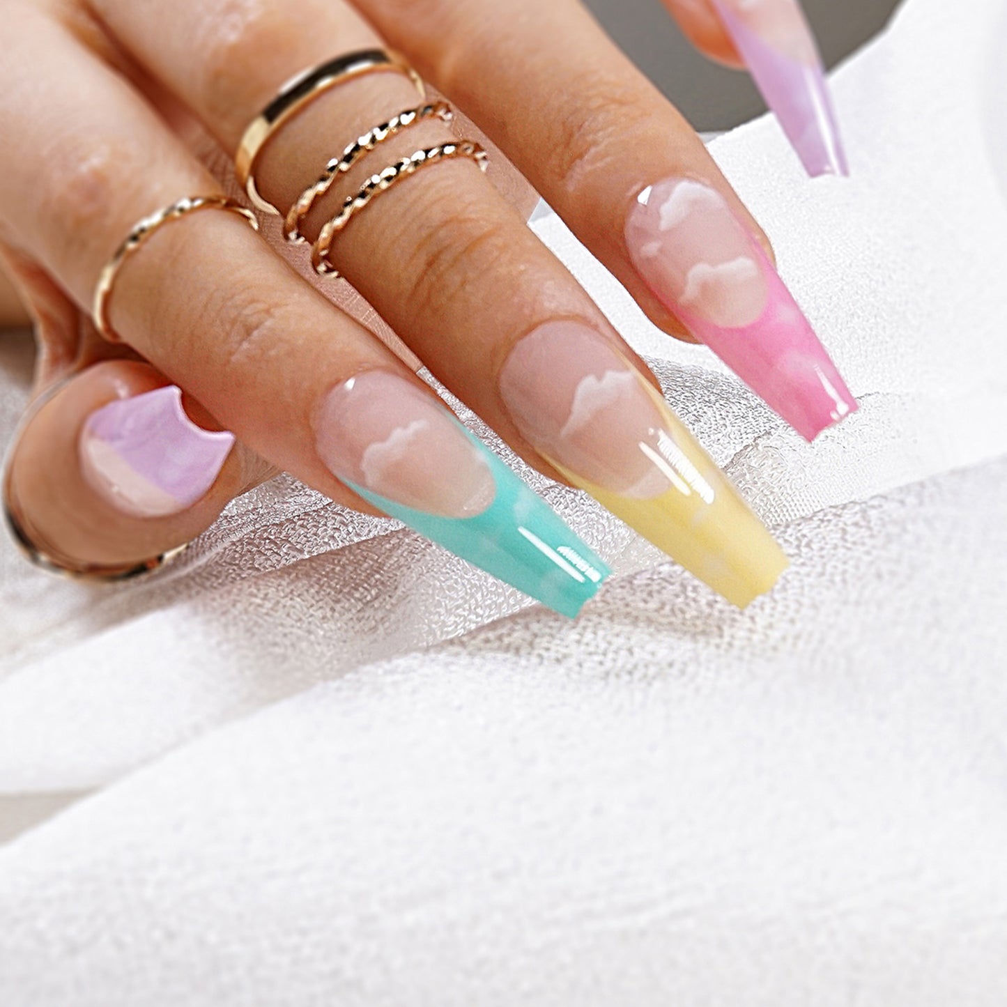 Vibrant Rainbow Cloud Long Ballerina Press-on Nails