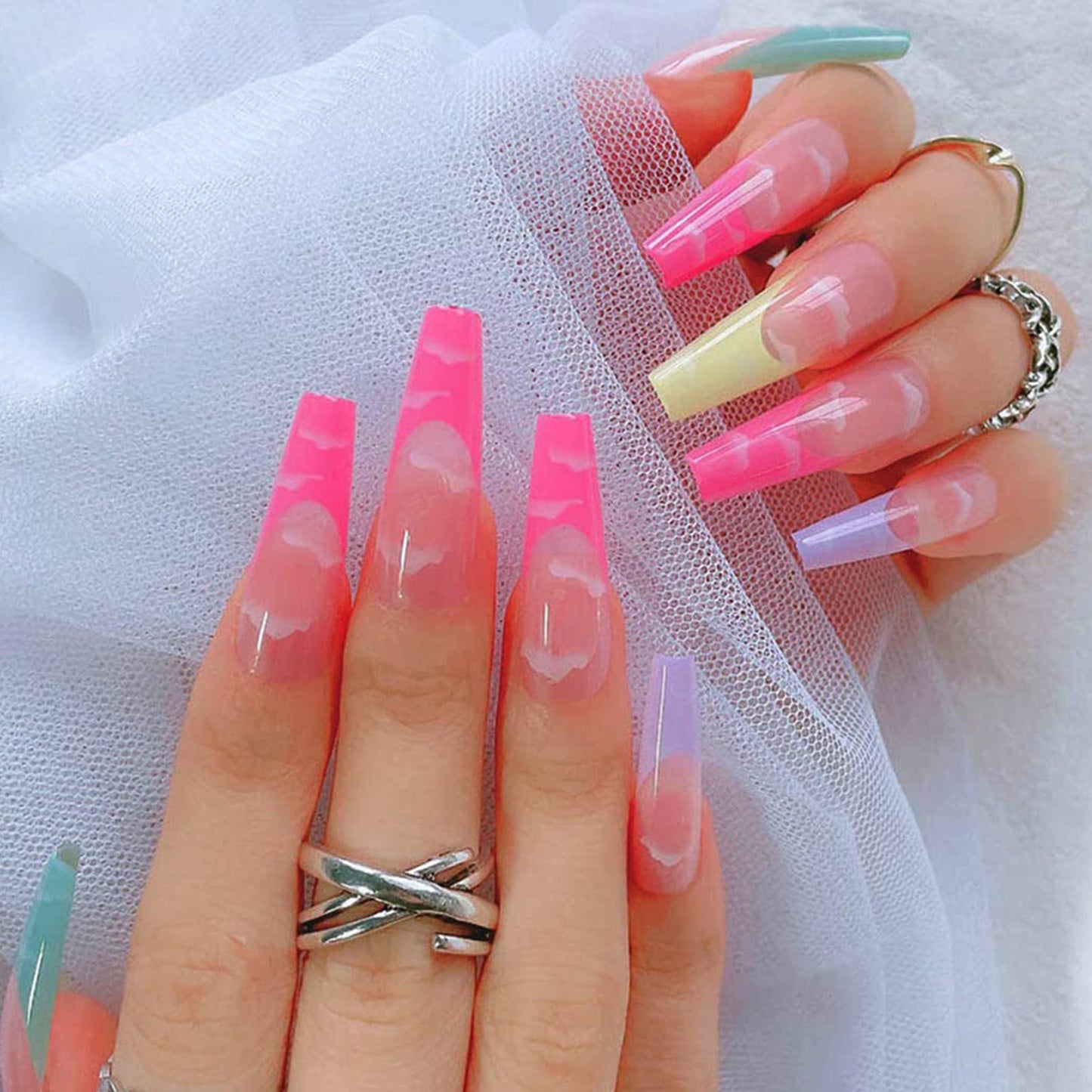 Vibrant Rainbow Cloud Long Ballerina Press-on Nails