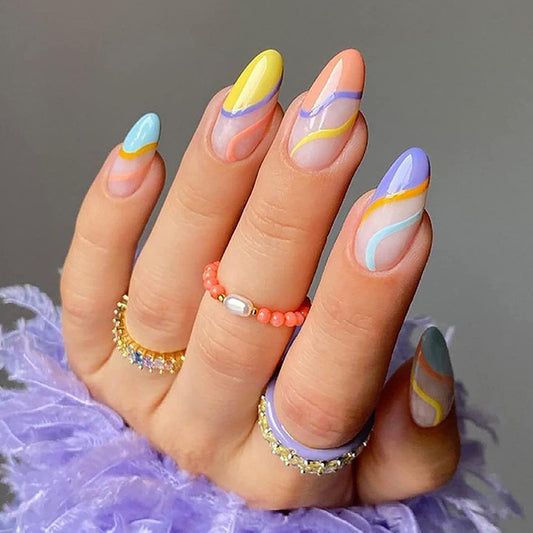 Rainbow Swirls Medium Almond Press-on Nails