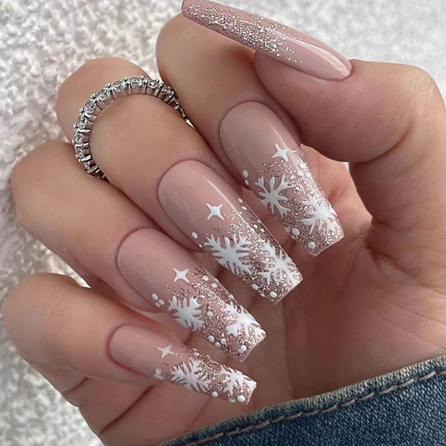 Sparkling Snowflake Long Coffin Press-on Nails